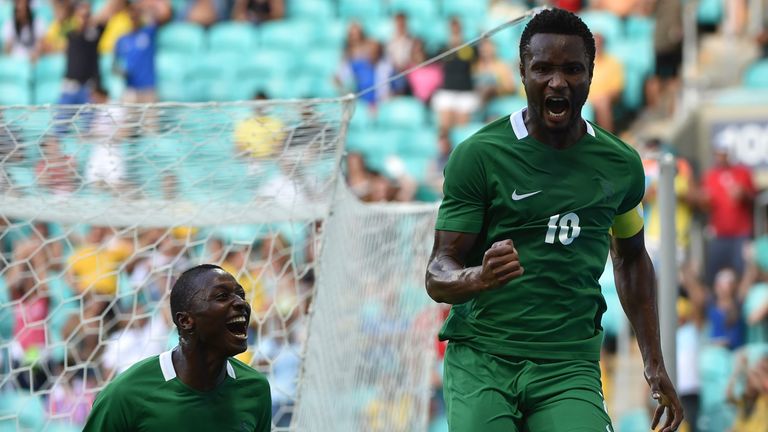 John Obi Mikel (R) of Nigeria celebrates his goal scored against Denmark during the Rio 2016 Olympic Games mens quarter-final football match 