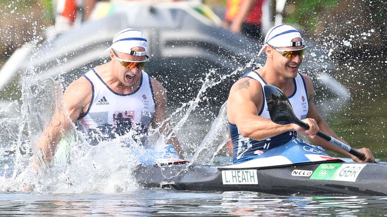 Britain's Liam Heath and Jon Schofield celebrate after the Men's Kayak Double (K2) 200m final at the Lagoa Stadium during the Rio 2016 Olympic Games in Rio