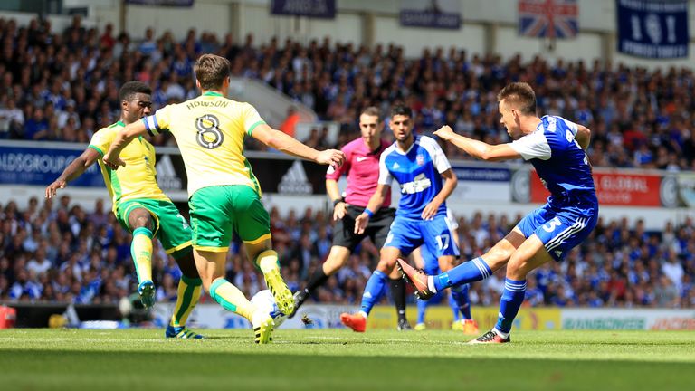 Ipswich Town's Jonas Knudsen scores his side first goal during the Sky Bet Championship match at Portman Road, Ipswich.