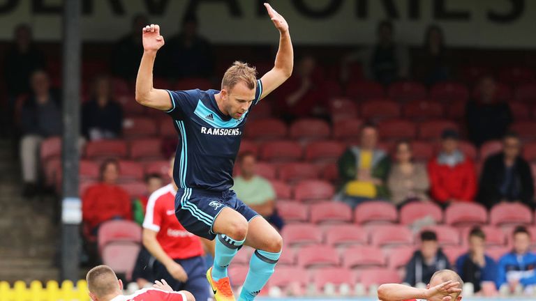 Middlesbrough striker Jordan Rhodes (centre) in action against York during pre-season