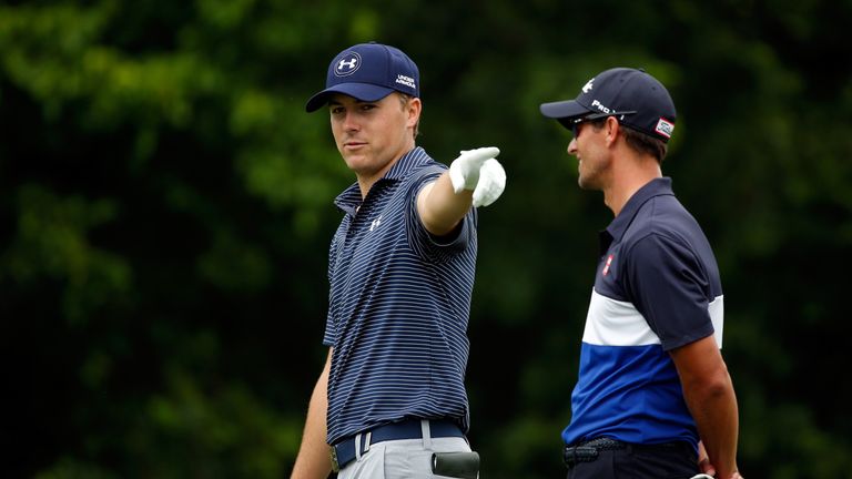FORT WORTH, TX - MAY 24:   Jordan Spieth and Adam Scott of Australia walk the 5th fairway during the final round of the Crowne Plaza Invitational at the Co