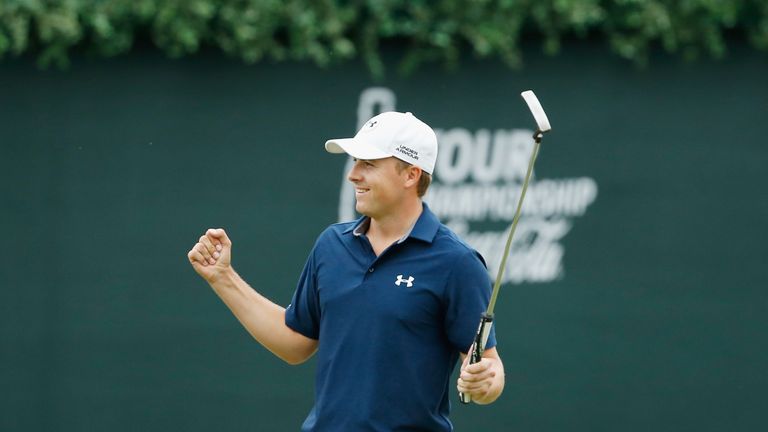ATLANTA, GA - SEPTEMBER 27:  Jordan Spieth of the United States celebrates on the 18th green after his four-stroke victory at the TOUR Championship By Coca