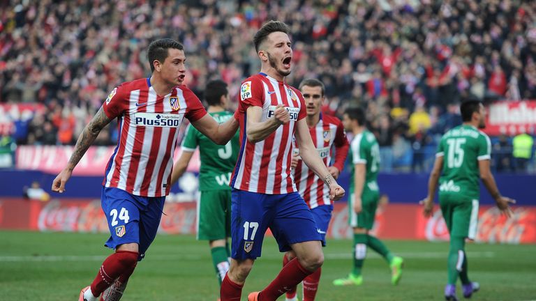 MADRID, SPAIN - FEBRUARY 06:  Saul Niguez of Club Atletico de Madrid celebrates with Jose Maria Gimenez after scoring his team's 2nd goal during the La Lig