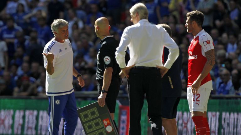 Chelsea manager Jose Mourinho gestures as Arsenal's French manager Arsene Wenger looks on during the FA Community Shield football match in 2015