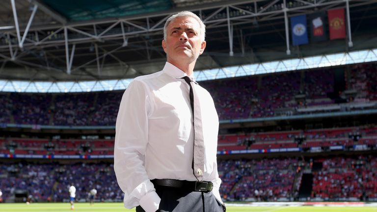 Jose Mourinho takes in the Wembley atmosphere ahead of the Community Shield game between Manchester United and Leicester