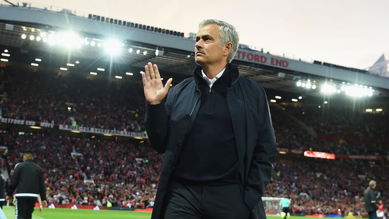 MANCHESTER, ENGLAND - AUGUST 19: Jose Mourinho, Manager of Manchester United waves prior to the Premier League match between Manchester United and Southamp