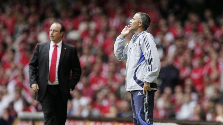 Jose Mourinho, the Chelsea Manager gestures to his players, as Rafael Benitez, the Liverpool Manager looks on during the 2006 FA Community Shield