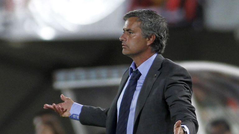 Real Madrid's coach Portuguese Jose Mourinho gestures during the Spanish League football match between Real Madrid and Mallorca at Iberostar Stadium in Pal