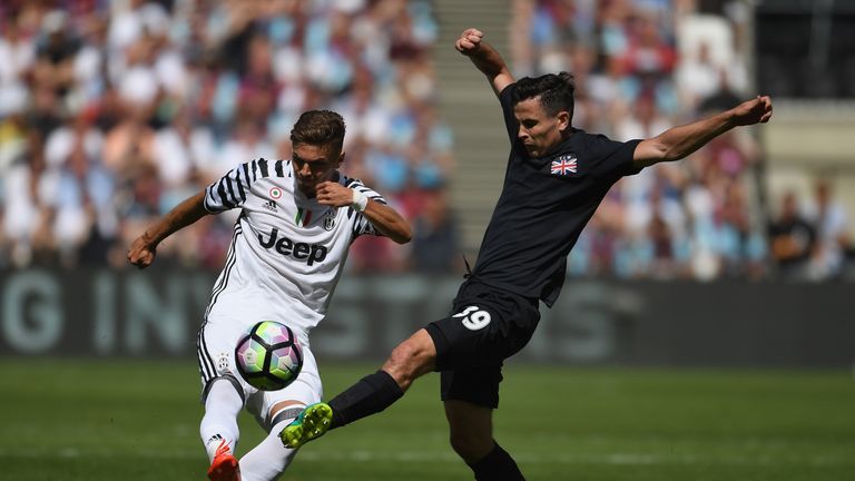 LONDON, ENGLAND - AUGUST 07:  Roman Macek of Juventus is challenged by Josh Cullen of West Ham during the Pre-Season Friendly between West Ham United and J