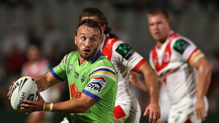 Josh Hodgson of the Raiders passes during the round 10 NRL match between the St George Illawarra Dragons and the Canberra Raiders
