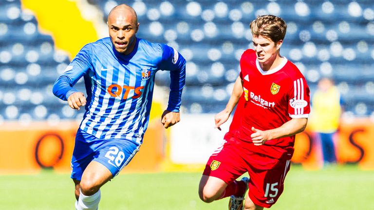 Kilmarnock's Josh Magennis (L) takes on Ross Gilmour of Albion Rovers