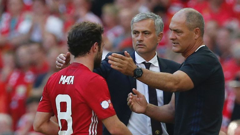 Manchester United's Spanish midfielder Juan Mata (L) is greeted by Manchester United's Portuguese first team coach Silvino Louro (R) and Manchester United'
