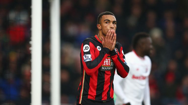BOURNEMOUTH, ENGLAND - FEBRUARY 13: Junior Stanislas of Bournemouth reacts after missing a chance during the Barclays Premier League match between A.F.C. B