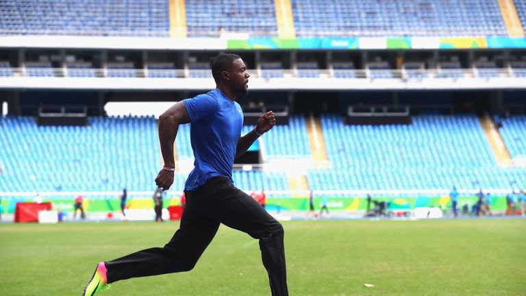 RIO DE JANEIRO, BRAZIL - AUGUST 10:  Justin Gatlin of USA runs during a training session at Olympic Stadium on August 10, 2016 in Rio de Janeiro, Brazil.  