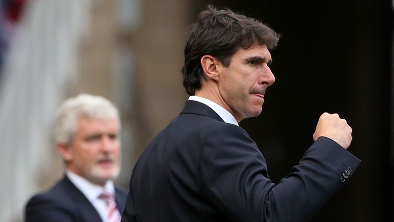 Middlesbrough's Spanish manager Aitor Karanka raises a fist to celebrate the opening goal scored by Middlesbrough's Spanish striker Alvaro Negredo during t