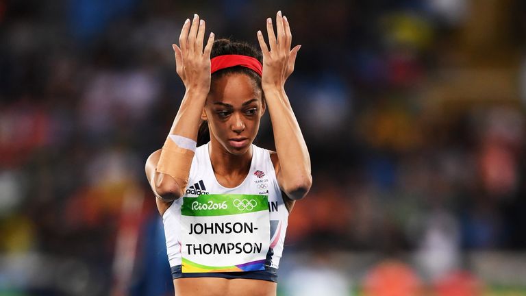 Katarina Johnson-Thompson of Great Britain reacts in the Women's Heptathlon Javelin Throw on Day 8 of the Rio 2016 Olympics