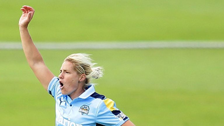 LEEDS, ENGLAND - JULY 30: Katherine Brunt of Yorkshire makes an appeal during the inaugural Kia Super League women's cricket match between Yorkshire Diamon