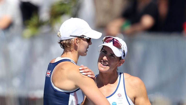 Great Britain's Katherine Grainger (right) and Victoria Thornley finish in silver following the women's doubles sculls final A at the Lagoa Stadium on the 