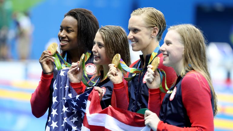 RIO DE JANEIRO, BRAZIL - AUGUST 13:  Kathleen Baker, Lilly King, Dana Vollmer, Simone Manuel of the United States pose during the medal ceremony for the Wo