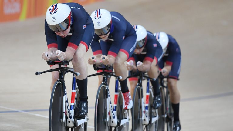 Elinor Barker, Britain's Joanna Rowsell-Shand, Britain's Laura Trott and Britain's Katie Archibald in women's Team Pursuit at Rio 2016 Olympic Games