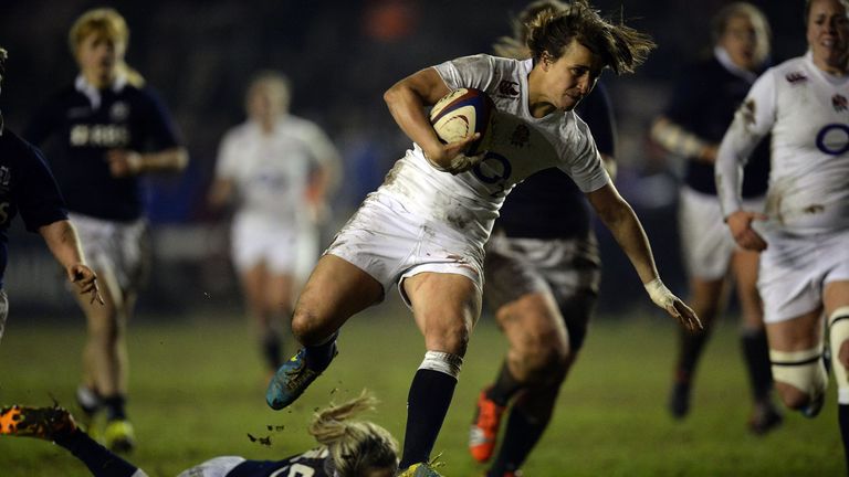DARLINGTON, ENGLAND - MARCH 13:  Katy McLean (R) of England in action with  Chloe Rollie of Scotland during the Women's Six Nations championship match betw