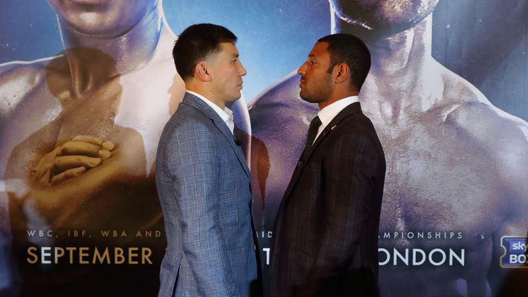 Gennady Golovkin (L) and Kell Brook (R) go head-to-head during the press conference ahead of their fight