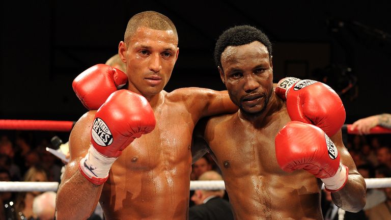 Kell Brook of Great Britain poses with Lovemore N'dou of Australia following their WBA International Welterweight title fight