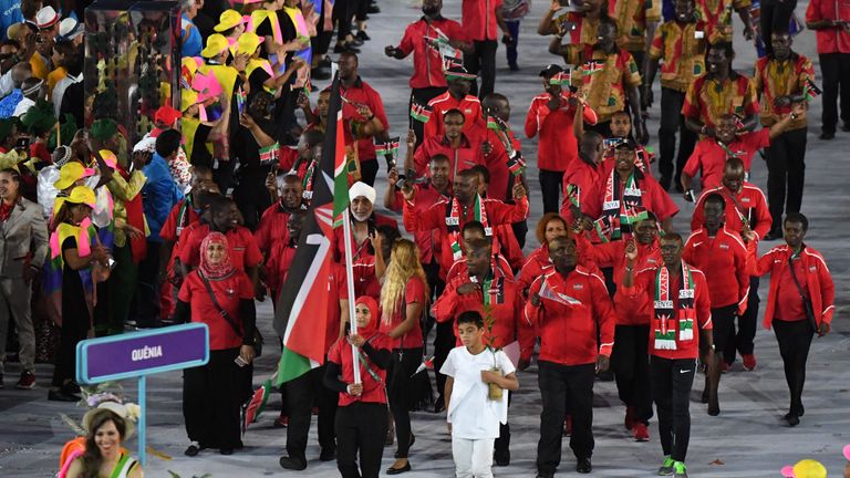 Kenya's flagbearer Shehzana Anwar leads her delegation during the opening ceremony of the Rio 2016 Olympic Games at the Maracana stadium in Rio de Janeiro 
