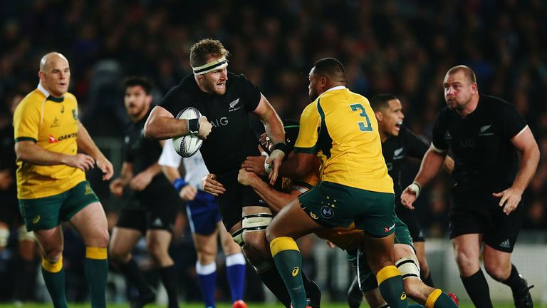 Kieran Read of New Zealand makes a run during The Rugby Championship, Bledisloe Cup match between the All Blacks and Australia
