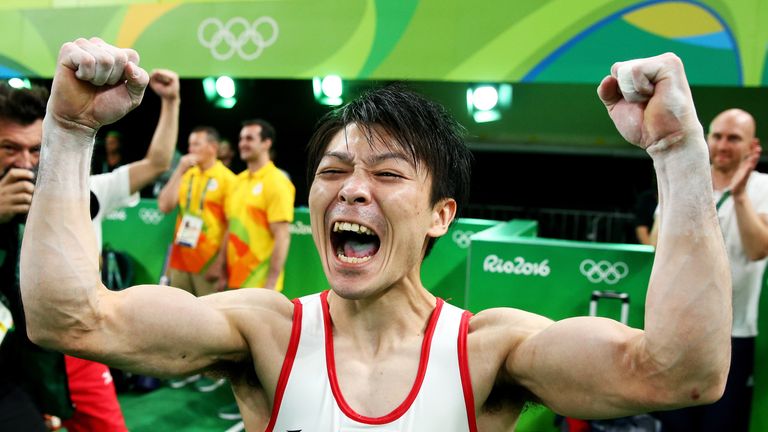 RIO DE JANEIRO, BRAZIL - AUGUST 10:  Kohei Uchimura of Japan celebrates winning the gold medal during the Men's Individual All-Around final on Day 5 of the