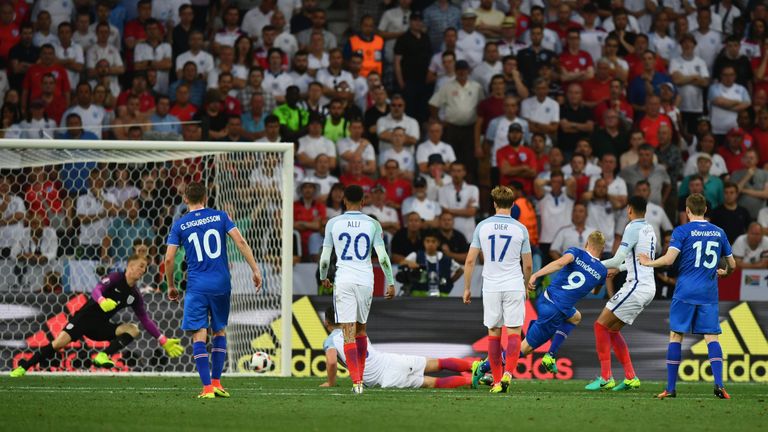 NICE, FRANCE - JUNE 27:  Kolbeinn Sigthorsson (3rd R) of Iceland scores his team's second goal past Joe Hart (1st L) of England during the UEFA EURO 2016 r