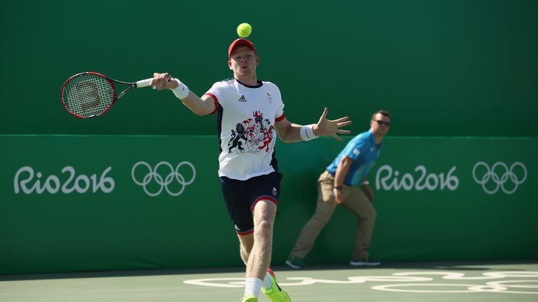 Kyle Edmund en route to victory over Jordan Thompson of Australia on day one of the tennis event in Rio