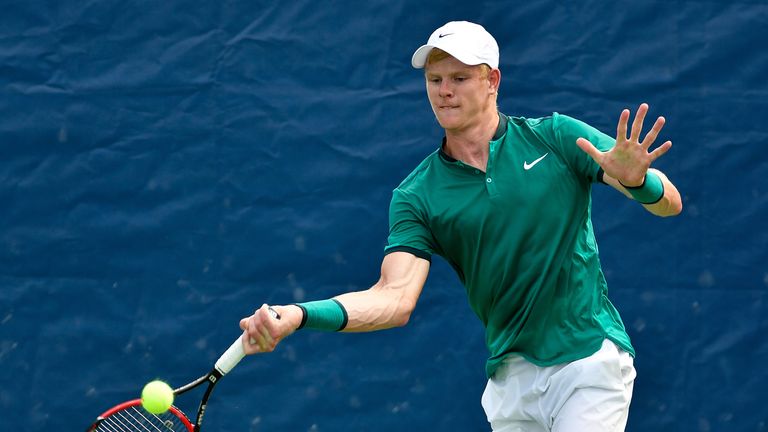 WINSTON SALEM, NC - AUGUST 22:  Kyle Edmund of Great Britain returns a shot to Rajeev Ram of the United States during the Winston-Salem Open at Wake Forest