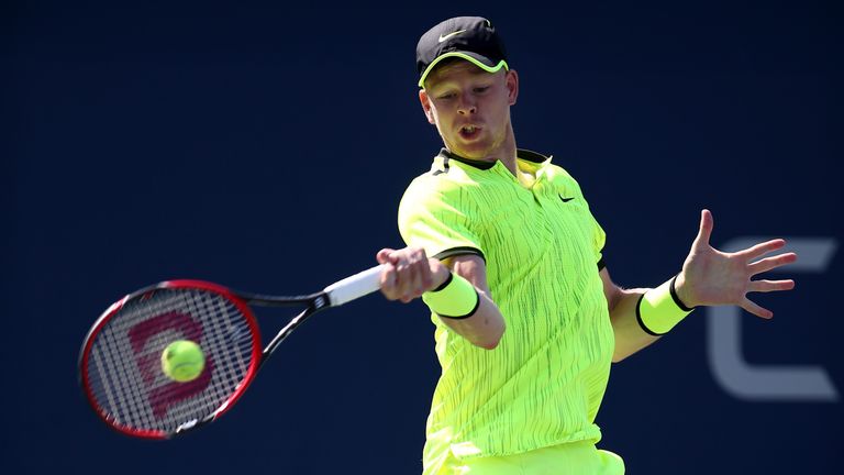 NEW YORK, NY - AUGUST 29: Kyle Edmund of Great Britain returns a shot to Richard Gasquet of France during his first round Men's Singles match on Day One of
