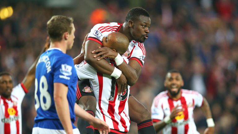  Lamine Kone celebrates scoring Sunderland's third goal in the Barclays Premier League match against Everton