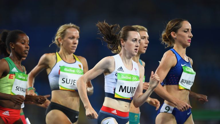 RIO DE JANEIRO, BRAZIL - AUGUST 12:  Laura Muir of Great Britain and Shannon Rowbury of the United States compete in round one of the Women's 1500 metres o