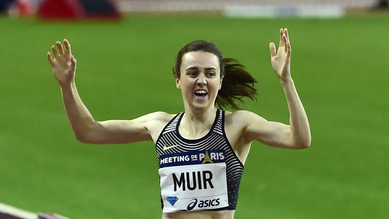 Britain's women's 1500m runner Laura Muir competes at the IAAF Diamond League athletics meeting in Saint-Denis, near Paris, on August 27, 2016. / AFP / DOM