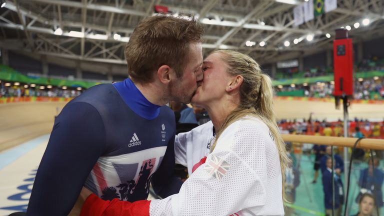  Gold medalist Jason Kenny of Great Britain celebrates with his fiance Laura Trott 