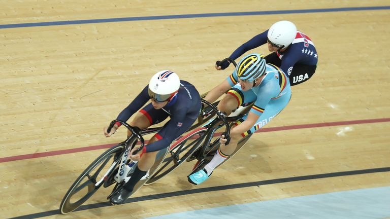Great Britain's Laura Trott leads during the Womens's omnium