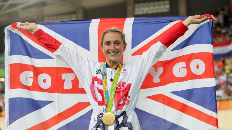 Great Britain's Laura Trott on the podium after winning gold in the omnium 