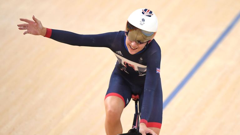 Britain's Laura Trott celebrates after winning the Women's Omnium