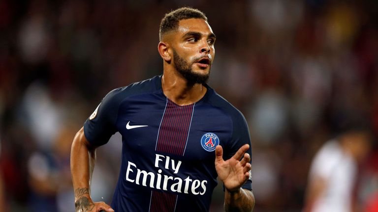 Paris Saint-Germain's French defender Layvin Kurzawa reacts after scoring during the French Ligue 1 Football match between Paris Saint Germain (PSG) and Me