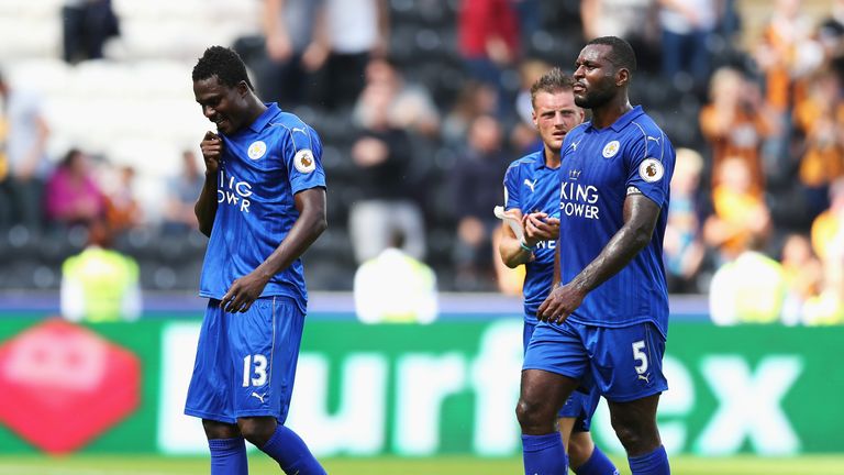 HULL, ENGLAND - AUGUST 13:  Daniel Amartey of Leicester City and Wes Morgan of Leicester City walk off the pitch during the Premier League match between Hu