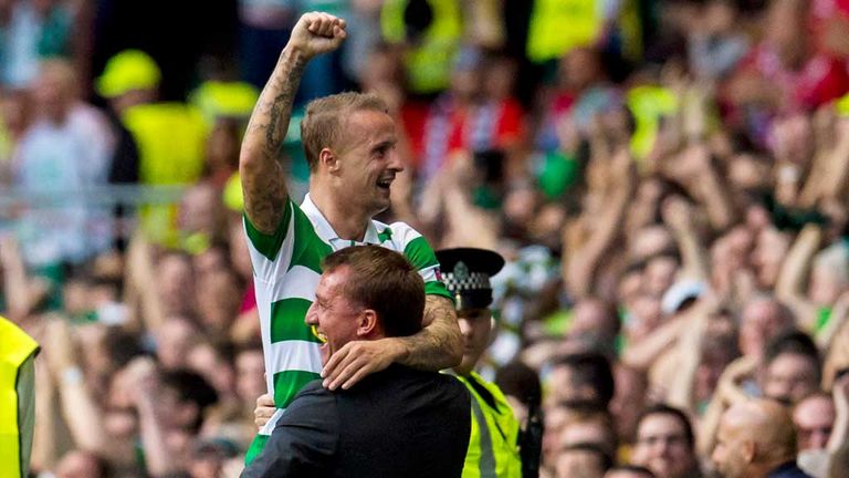 Leigh Griffiths celebrates his second goal with an equally delighted Brendan Rodgers (in suit)