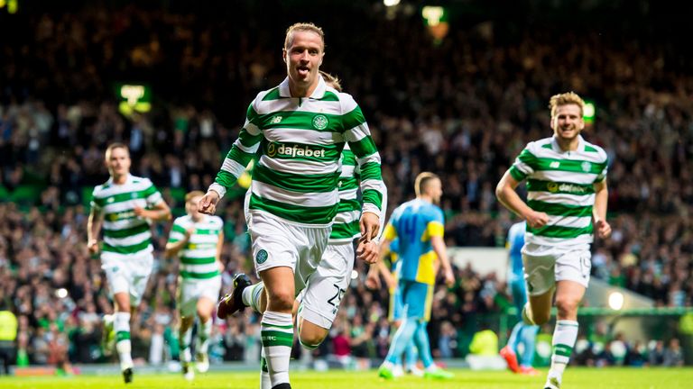 Celtic's Leigh Griffiths celebrates after he scores a penalty to put his side into the lead 