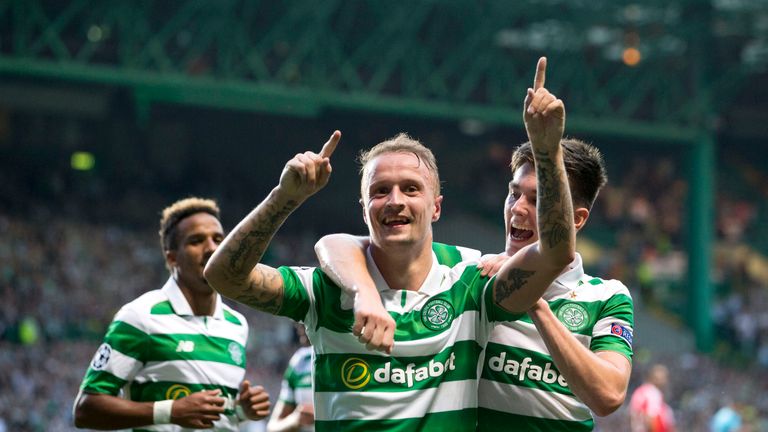 Celtic's Leigh Griffiths celebrates scoring his side's third goal of the game with teammate Kieran Tierney during the UEFA Champions League qualifying play