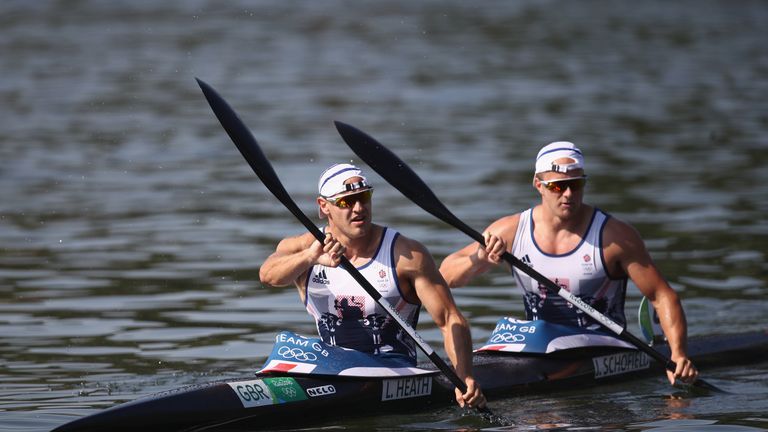 RIO DE JANEIRO, BRAZIL - AUGUST 17: Liam Heath (L) and Jon Schofield (R) of Great Britain react after competing in the Men's Kayak Double 200m Heat 1 durin
