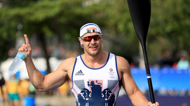 Great Britain's Liam Heath celebrates winning gold in the men's 200m kayak single at the Rio Olympics