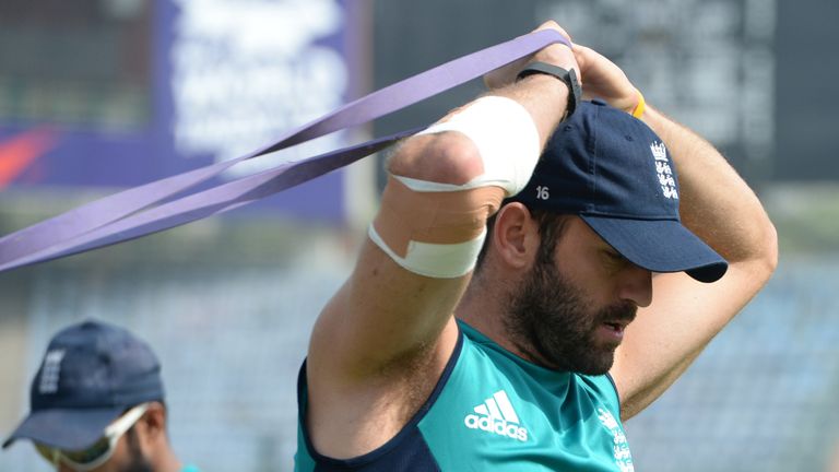 England's Liam Plunkett stretches during a training session on the eve of the World T20 semi-final match