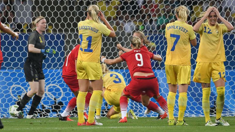 Sweden's players react after defender Linda Sembrant scored an own goal during the Rio 2016 Olympic Games women's football Gold medal match against Germany